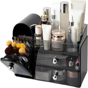 화장대용 브러시 홀더가 있는 메이크업 정리함 서랍 2개가 대형 화장품 진열장 욕실 조리대용 스킨케어