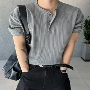 [아레스]바이즌 머슬핏 와플 헨리넥 반팔 티셔츠 (4color)