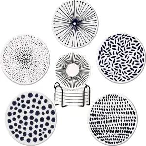 윰수르 음료 컵 6개 세트 홀더 흡수 세라믹 스톤 코르크 바닥 열 및 스크래치 방지 장식용 매트 포함