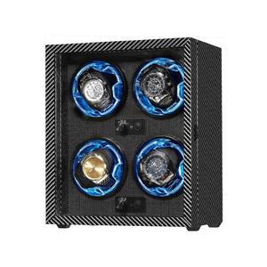 글로쿠카 4 자동 시계용 시계 와인더, 조명, 초소음(블랙 박스, 모드 회전 파이버) 나무 디스플레이 케이스 USB 설정 전원 LED 카본