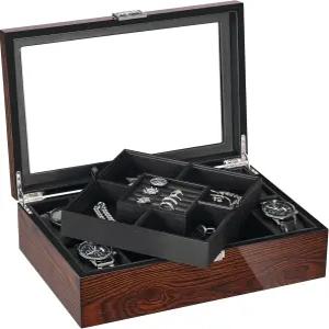 남성용 비위섬 주얼리 박스 유리 상판이 있는 부드러운 인조 가죽 인테리어의 나무 시계 상자 정리함