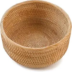 히토멘 수제 라탄 빵 바구니 원형 위커 과일 서빙 보관 그릇 천연 직조 장식 주방 카운터 정리 (허니