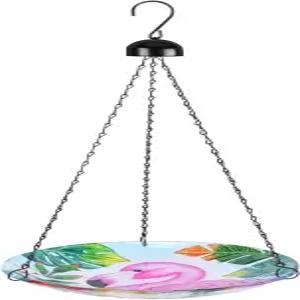 야외용 VCUTEKA 유리 걸이식 조류 목욕 21인치 방청 체인이 있는 정원 마당 장식 플라밍고 패턴