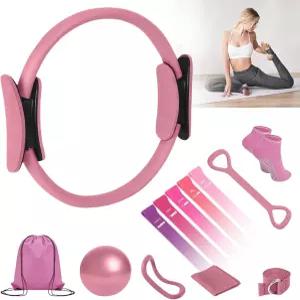JIAOHENANZE 여성용 홈 필라테스 키트 에센셜 장비 14인치 피트니스 서클 9인치 요가볼 5 저항 밴드
