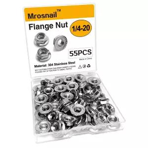 Mrosnail 55Pcs 1/4-20 플랜지 너트 육각 키트 - DIY 자동차 건설 산업 수리 주택 개선 및 중장비