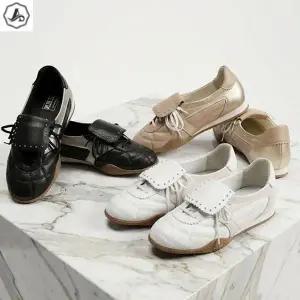 [애슬릿] 가죽 스니커즈 스터드 라인 발편한 골드 단화 운동화