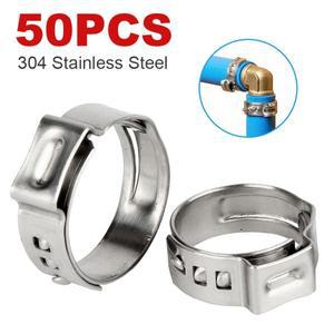 50개 5.3-29.6mm 단일 귀 스테인레스 스틸 신치 클램프 링 피팅 압착 핀치 PEX 튜브 파이프 연결 팩 키트