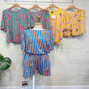 [무배] 남여공용 스트라이프 미키 디즈니 홈웨어 파자마 반팔 반바지 투피스 잠옷 세트