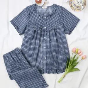 메이플라워 페인체크 라운드 반팔 순면 여성 빅사이즈 잠옷 세트