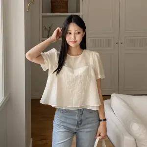 [3사이즈] 투웨이 레이어드 심플 반팔 블라우스