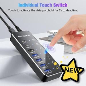 100% 호환 RSHTECH 7포트 전원 USB C 허브(10Gbps 3.2 포함) 개별 터치 스위치 5V/3A 어댑터 노트북 분배기
