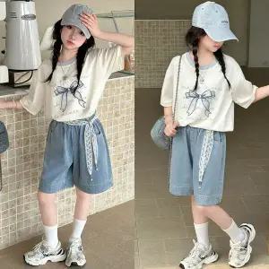 [삐삐네옷가게]초등학생 키즈 여아 블루리본 여름 반팔 하프데님 세트