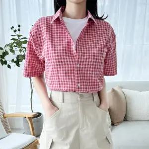 [sado]여성  면혼방 시어서커 여름 체크 반팔 남방 셔츠 오버핏 4종 택1 SS1022W