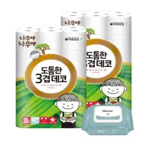나무야 나무야 도톰한 프리미엄 화장지(린넨향) 3겹 30m 30롤 2팩+노블 휴대물티슈 캡형 20매