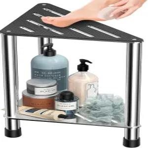 LarFaFa 스테인리스 스틸 샤워 의자 욕실용 발 받침대 수납 선반 달린 코너 스툴 다리 깎기용 발판 욕실