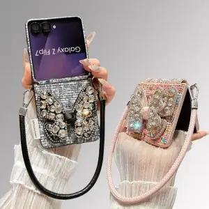 갤럭시z플립 7 6 5 예쁜 트위드 디자인 큐빅 보석 나비 데코덴 스트랩 힌지보호 제트플립 케이스