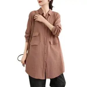 여자블라우스 롱루즈핏 이중사 블라우스 가을 싱글 톤 하프기장 상의 힛템