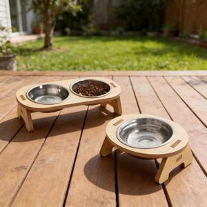 원목 보호 애완동물 급식대 (높이 조절 가능 고양이/강아지 사료 및 물그릇 받침대 범용 테이블)
