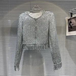 트위드 자켓 여자 린넨 크롭 코트 여성 가죽 청 재킷 여성용 반짝이는 실크 태슬 가장자리 어깨 패드 짧은