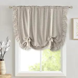 카키 체크무늬 시어 커튼 타이업 주방 욕실 봉 포켓 농가 린넨 보일 밸런스 거실용 작은 창문 1 패널 너비