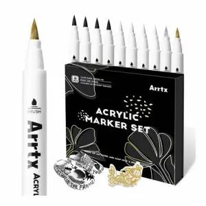 아트엑스 아크릴 마카펜 세트 4색 총 10개(화이트 4개 블랙 4개 골드1개 실버 1개) 브러시형 생활방수