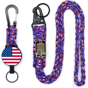 2개의 접이식 열쇠고리 확장 가능한 ID 클립 릴이 있는 헤비 듀티 카라비너 배지 홀더 미국 국기 패러코드
