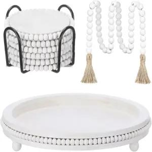Acellegic 8개 흰색 농가 트레이 장식 세트 6개의 소박한 나무 구슬 코스터와 금속 홀더가 있는 화환 커피