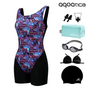 아쿠아티카 여성 2부 실내수영복 AQA2803 일반용수경 파우치 코클립 7종세트
