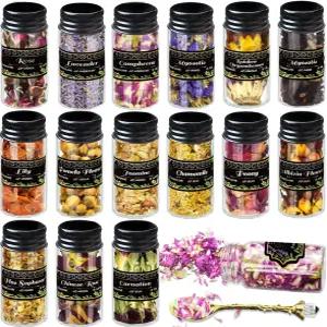 15 항아리 마법사 크리스탈 스푼이 포함된 말린 꽃 키트 허브 병 제단 마법 주문 주조 양초 및 비누 만들기