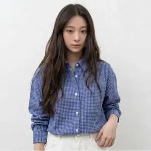 그라네아 여성 깅엄체크 남방 루즈 오버핏 블루 롱 셔츠