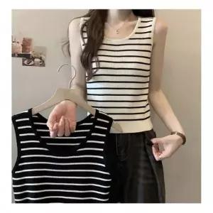 여성 스트라이프 슬림 니트 민소매 나시