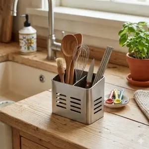 ( )동무 스텐사각다용도통2구 물빠짐 수저통 조리기구꽂이 연필꽂이 필기구꽂이 조리도구꽂이