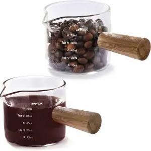 VRUIFA 2팩 계량컵 나무 손잡이가 있는 에스프레소 샷 글라스 듀얼 스케일이 투명 유리 더블 스퍼스가