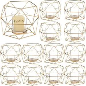 12개의 PCS 기하학적 청록색 양초 홀더 유리가 있는 황금 철제 프레임 스탠드 웨딩 식탁 중앙 장식