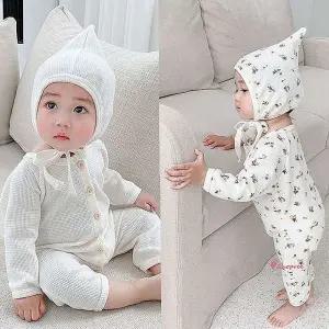 꽃무늬 보넷세트 아동 와플 긴팔 우주복qrs400