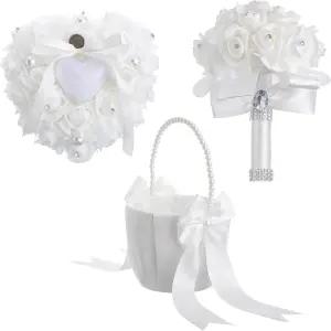 FineCheer 3세트 플라워 걸 바구니 링 베어러 베개 및 신부용 결혼식 꽃다발 하트 모양 진주 꽃 들러리