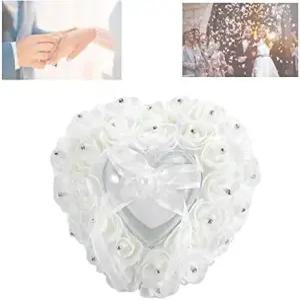 발렌타인데이 카니발 웨딩 링 쿠션 베개 결혼식용 로맨틱 하트 모양의 박스 로즈 라인스톤 장식 화이트