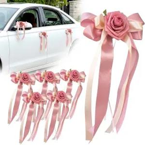 6PCS 웨딩카 도어 핸들 장식 꽃 흰색 인조 자동차 부케 보크노트 리본 액세서리 핑크