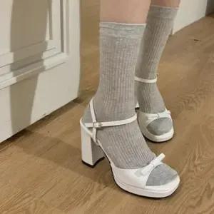 데일리룩 리본포인트 스트랩 블록힐 러블리 하이힐 여성샌들