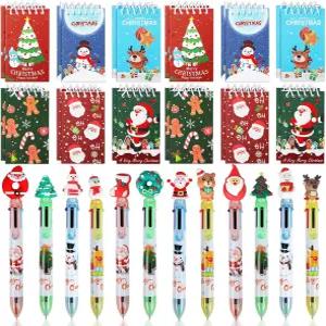 사야야 24 세트 크리스마스 미니 메모장 벌크 6-in-1 볼펜 스파이럴 노트북 리트랙터블 펜 홀리데이 선물