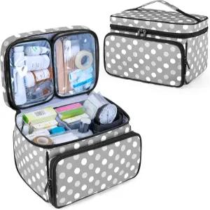 분리 가능한 투명 파우치 2개가 된 럭스자 메디신 백 칸막이가 있는 여행용 알약 병 정리함 회색 점