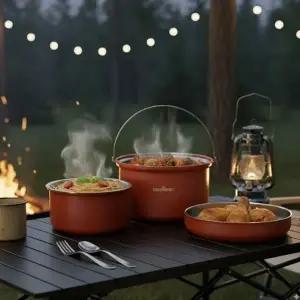 퀸센스 통3중 스텐 코펠 후라이팬 냄비 3종세트 캠핑 차박 야외 조리 취사도구 세라믹코팅