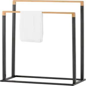 MyGift 33인치 스탠딩 타월 랙 2단 대나무 나무 막대와 블랙 크롬 도금 금속이 있는 독립형 목욕 홀더