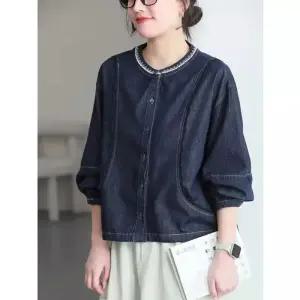 율랑팡 캐주얼 봄 여성용 청 셔츠 무지데님 슬림핏 코트 라운드 HO1