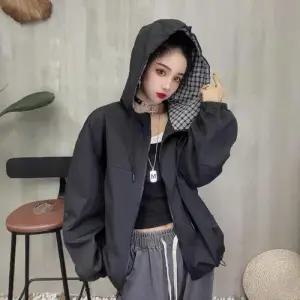 무천도사 여친 가을 캐주얼 잠바 후드 체크 바람막이 트렌치 스트링 코트 KKE3