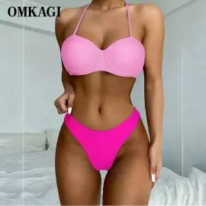 언더붑 탱크탑 비키니 홀터넥 커버업 수영복 OMKAGI 세트 리본 하이 컷 솔리드 반도 여성 섹시한 푸시 업