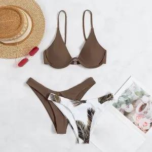 언더붑 탱크탑 비키니 홀터넥 커버업 수영복 여름 Boho 플로랄 리프 프린트 여성 푸시 업 패딩 비치웨어 통