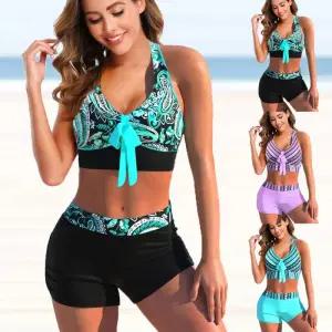 언더붑 탱크탑 비키니 홀터넥 커버업 수영복 스트라이프 프린트 세트 섹시한 2 조각 여성 높은 허리 비치 T