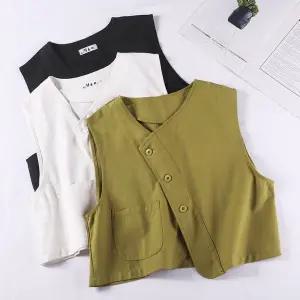 EAMT 캐주얼 가을 여사친 면 오버레이 트윌 솔리드 언발 집업 조끼 코트 사선 어울리는 EUNG3