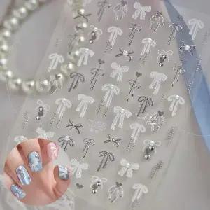 네일아트 진주로 포인트를 준 레이스 리본 엠보스티커